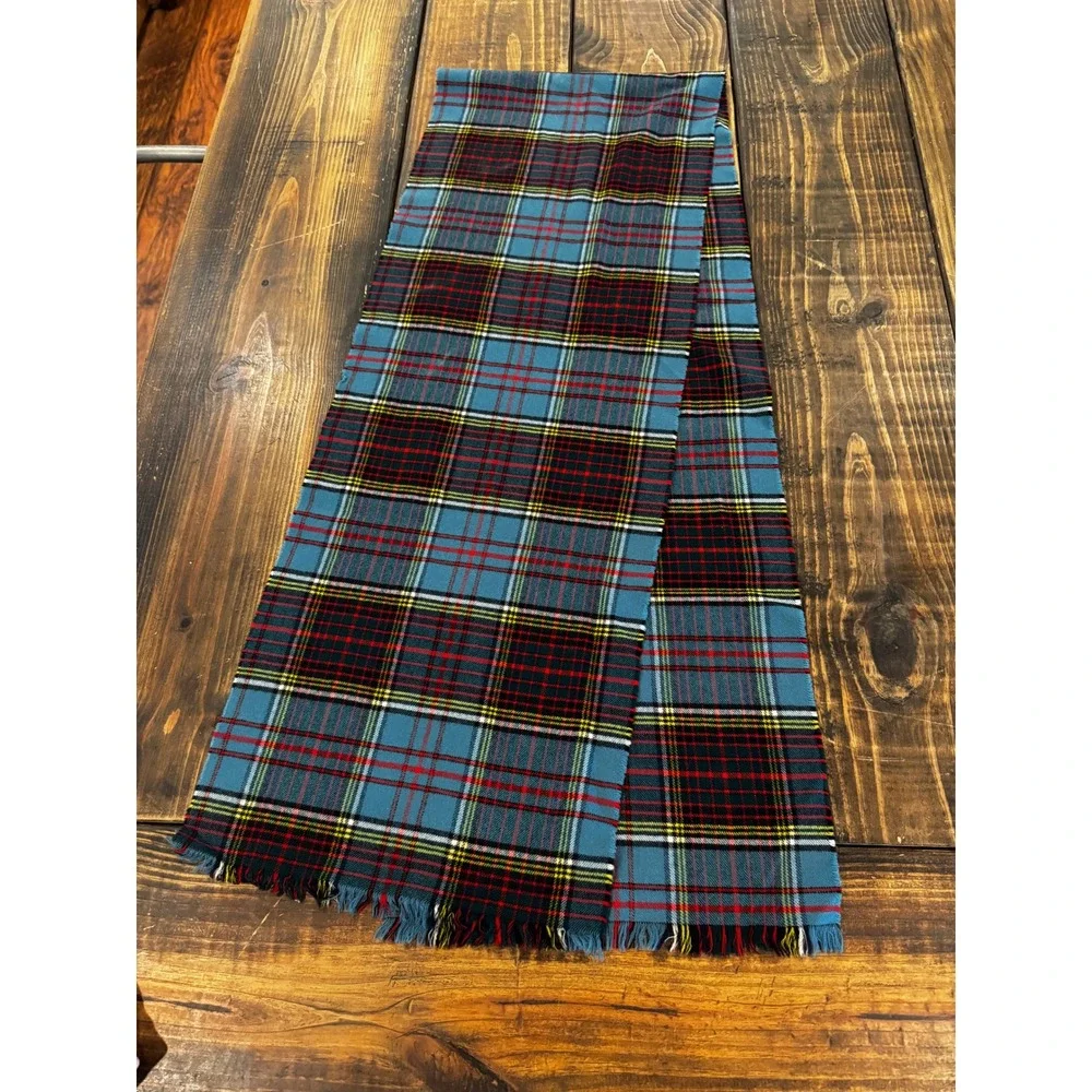 Vintage Blue Tartan Plaid Wool Scarf Fringe 12.5x70 Classic Winter Unisex Wrap